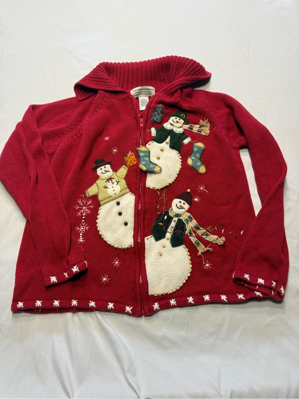 Tiara International Red Snowman Zip Christmas Cardigan Ugly Sweater